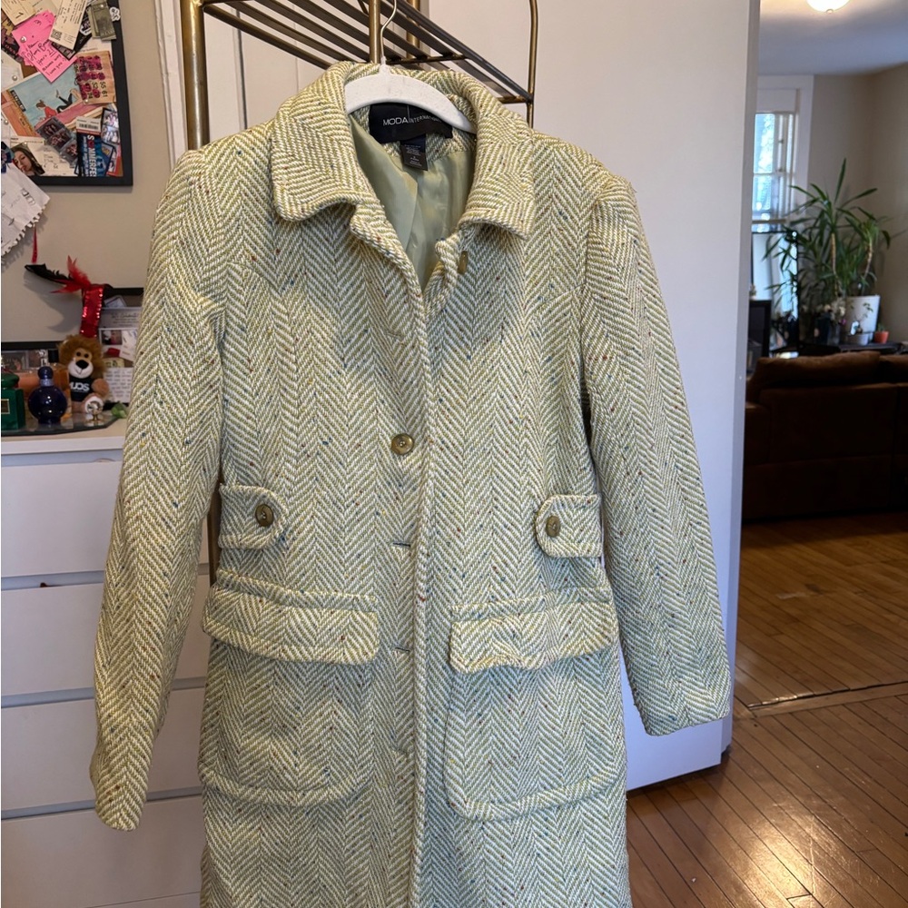 Moda International Herringbone Trench Coat in Cream and Green